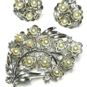 STAR Brooch & Earrings Set Rhinestone Pearl Silver Vtg Estate Jewelry Pin O24